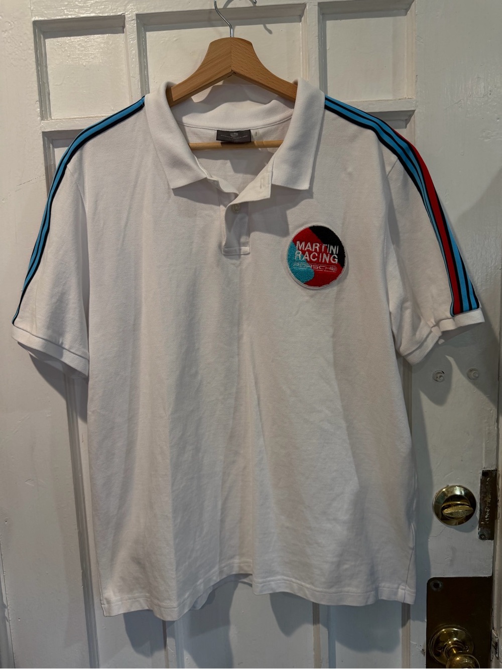 Porsche Design White Polo with Blue and Red Stripe Accents
